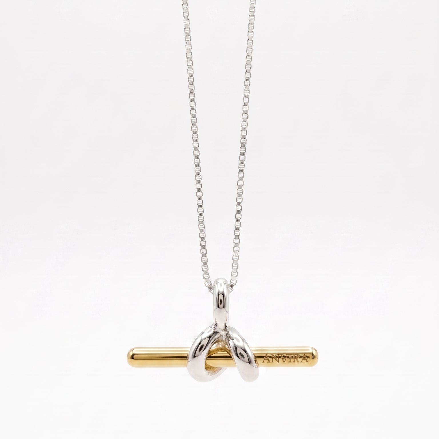 ANVIRA Signature T-Bar Knot Necklace in 925 sterling silver with gold bar