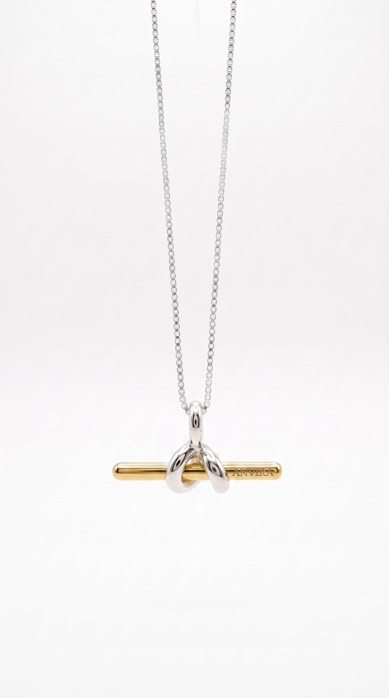 ANVIRA Signature T-Bar Knot Necklace in 925 sterling silver with gold bar