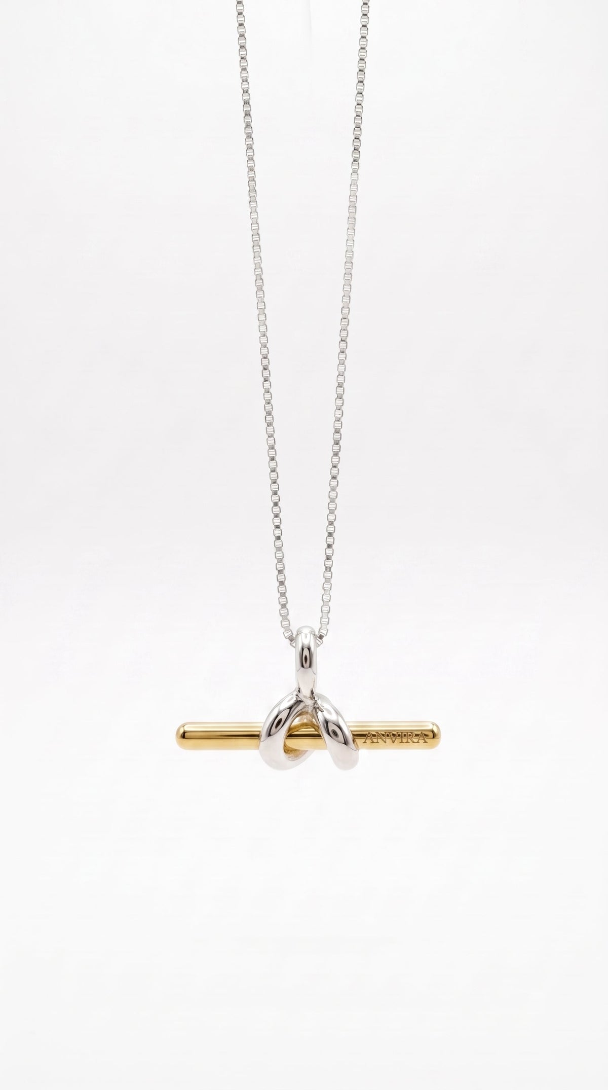 ANVIRA Signature T-Bar Knot Necklace in 925 sterling silver with gold bar
