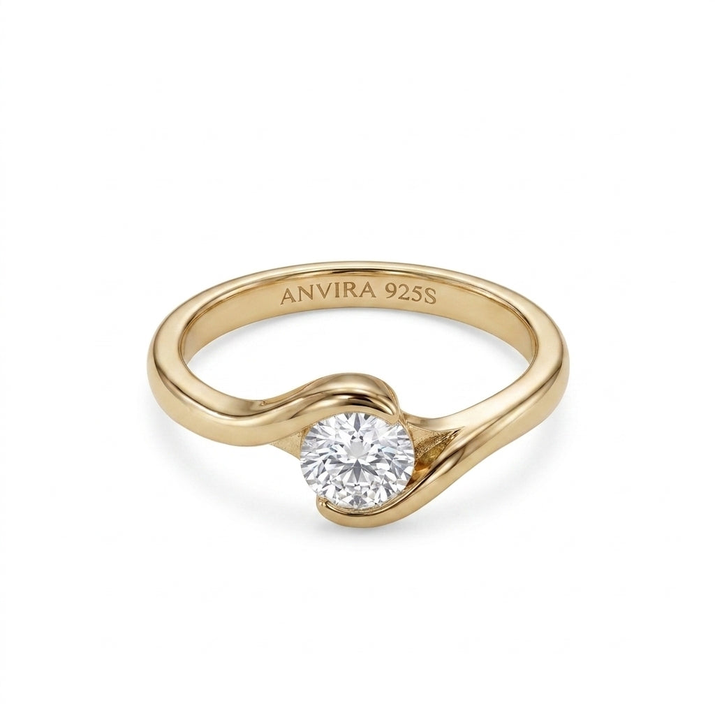 ANVIRA Gold Solitaire Swirl Ring in 18K gold plated 925 sterling silver